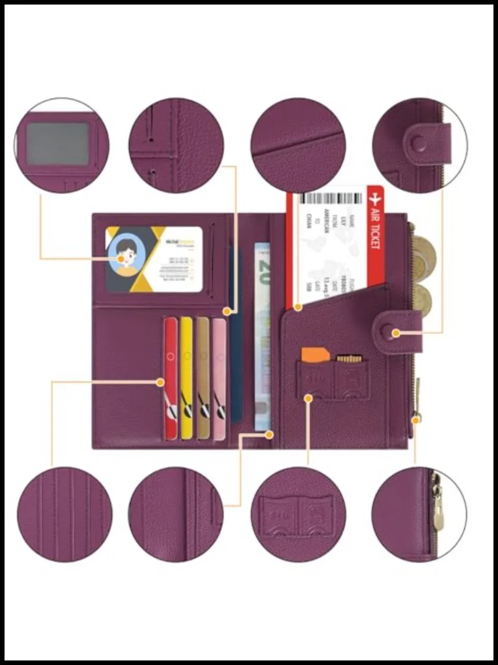 Genuine Leather Passport Cover RFID Blocking Travel Wallet with Zipper Pocket